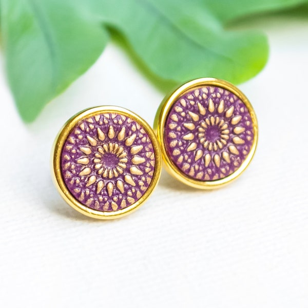 Stud Earrings - Mandala Bohemian Stud Earrings Gold Violet - Stainless Steel