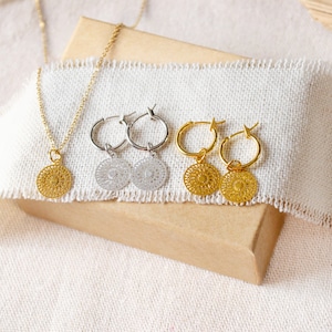 Filigree hoop earrings with mandala pendants light earrings boho discs image 10