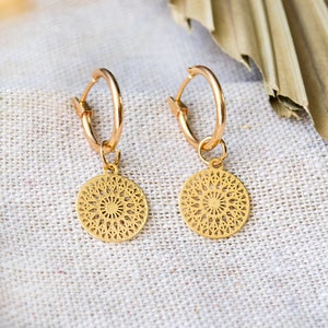 Filigree hoop earrings with mandala pendants light earrings boho discs image 2