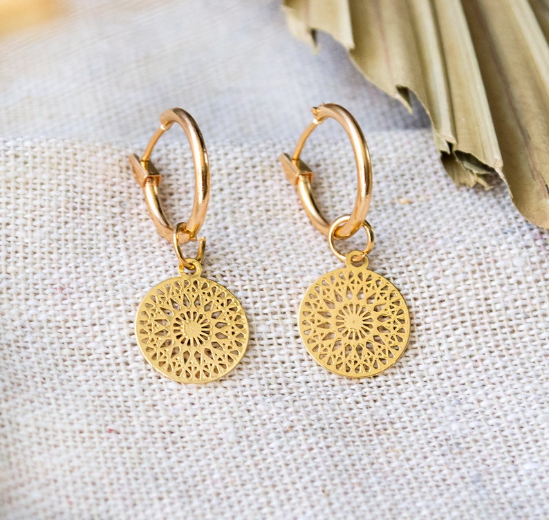 Filigree hoop earrings with mandala pendants light earrings boho discs image 2