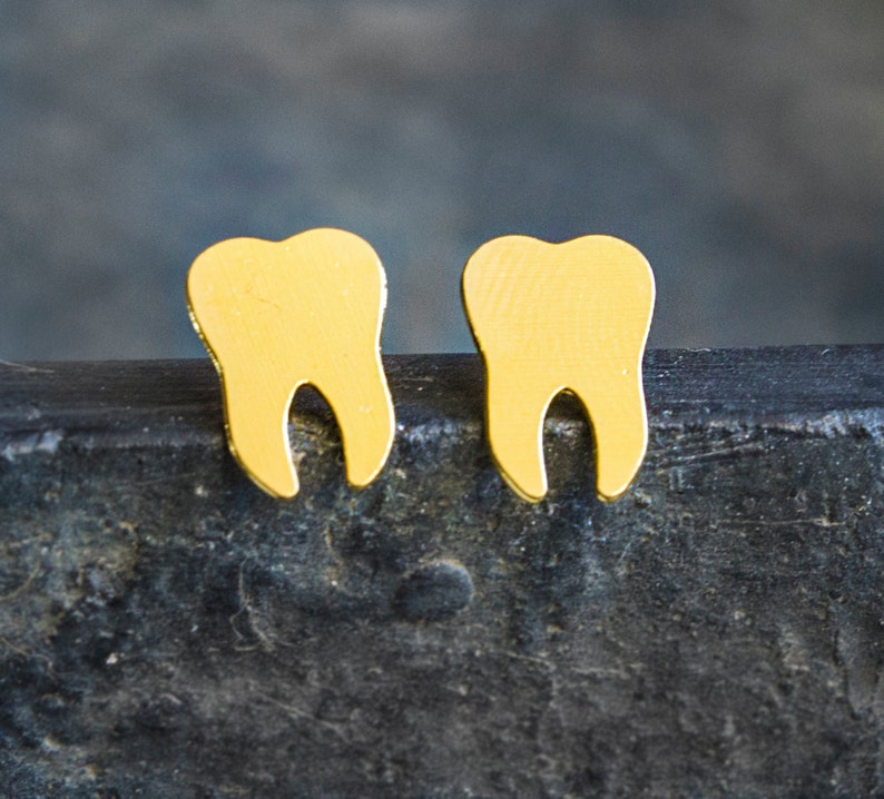 Tooth Stud Earrings Gold Tone image 1