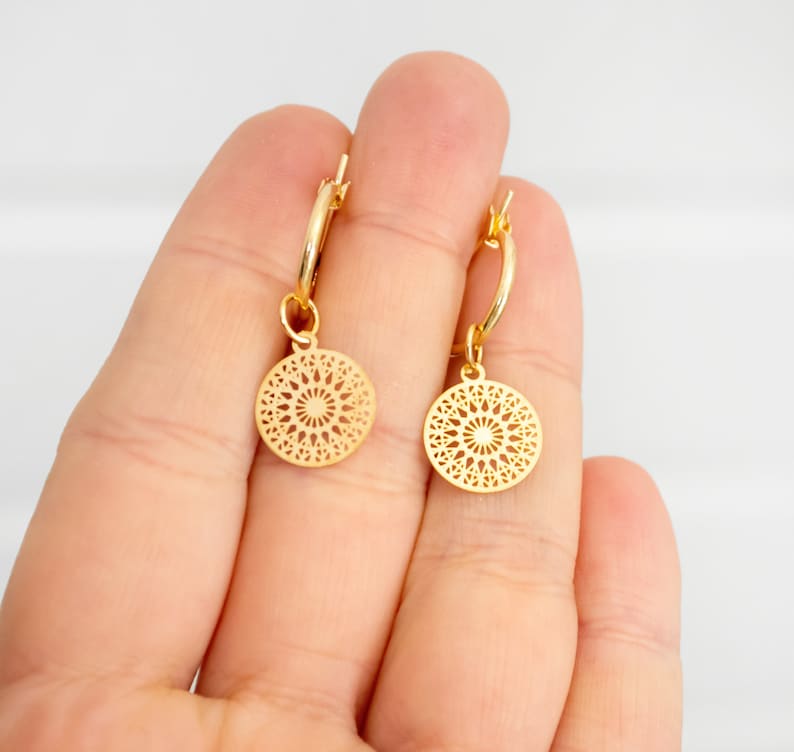 Filigree hoop earrings with mandala pendants light earrings boho discs image 1