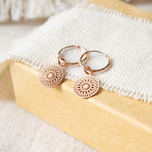 Filigree hoop earrings with mandala pendants light earrings boho discs image 9