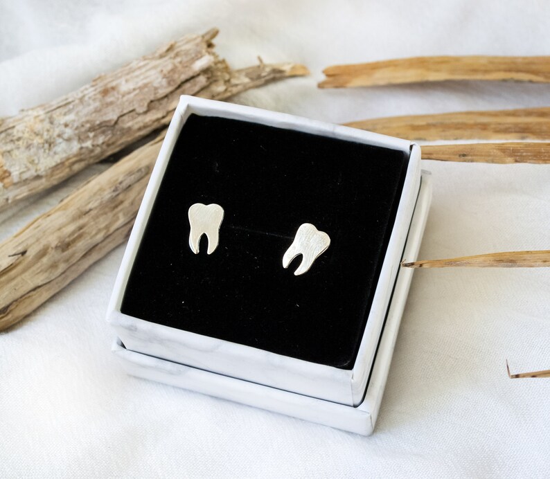 Tooth Stud Earrings Gold Tone image 3