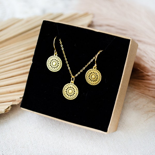SET Mandala Necklace + Earrings - Bohemian l Boho l Lace Circle Coin