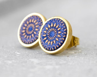 Stud Earrings - Mandala Bohemian Stud Earrings Gold Blue - Stainless Steel