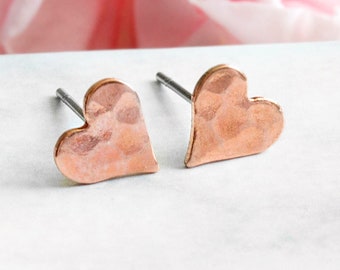 Hammered Heart Stud Earrings - Rose Gold - Copper - Love