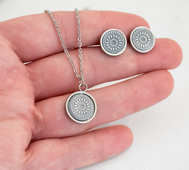 SET necklace and stud earrings-Mandala Bohemian stud earrings silver grey stainless steel