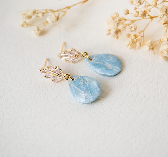 Glossy Marble Earrings Drop Blue Gold Lightweight Earrings