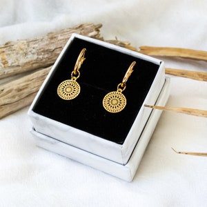 Filigree hoop earrings with mandala pendants light earrings boho discs image 8