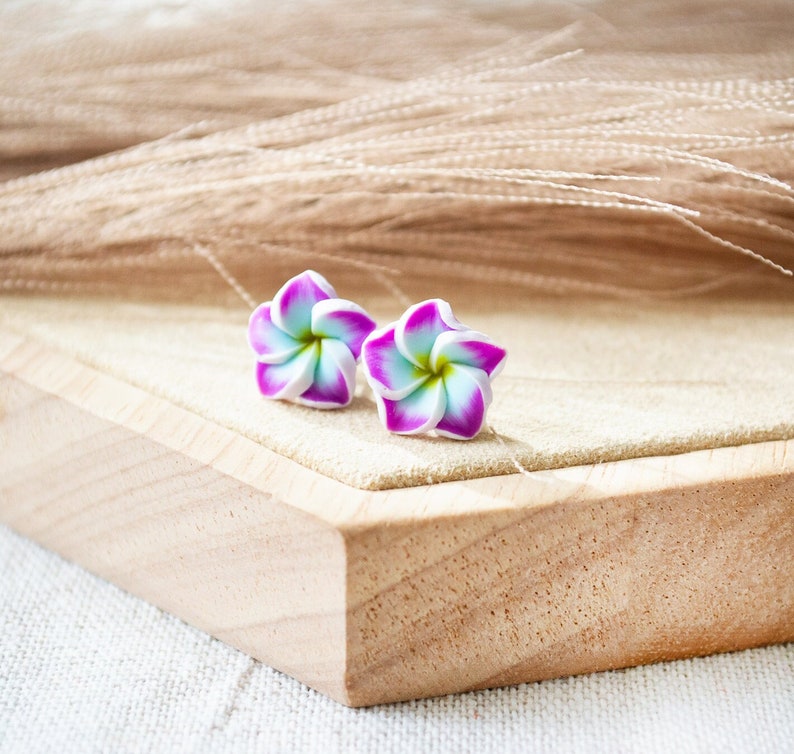 Summer Flowers Stud Earrings Hawaiian Blossoms Flower Plumeria Frangipani image 1