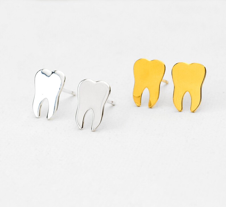 Tooth Stud Earrings Gold Tone image 4