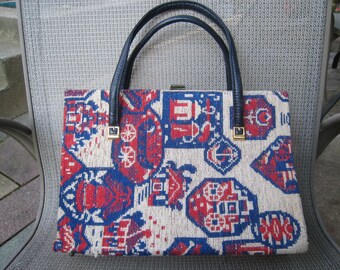 Verkauf! SUMMER 1960er Jahre Gobelin Handtasche mit Navy Blau Kunstleder Vintage