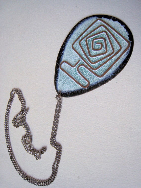 Mod Mid Century Groovy Aqua Enamel Copper Pendant