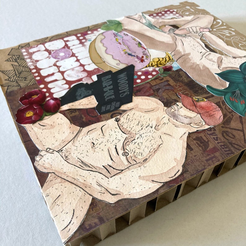 muscled-gay collage-art collage-paper art-layout-mixed media-composition-gayart-homoart-Las vegas-slave-jockstrap-gay scrapbooking-pride