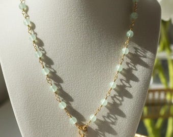 6mm round Aqua Quartz Gemstone Necklace with Elongated Heart Charm With Pearl
