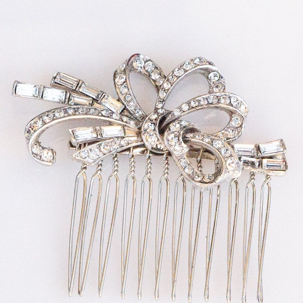 Vintage Rhinestone Bridal Bow Comb, Deco Bridal Hair Comb, Converted Brooch Hair Comb