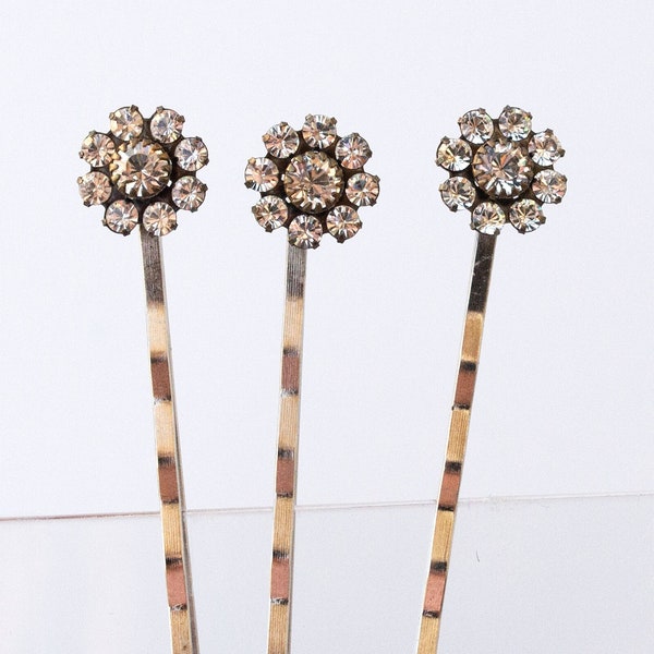 Tiny Antique Grey Crystal Hair Pin Trio,  Rhinestone Hair Pins, Flower Wedding Hair Pins, Set of three Hair Pins