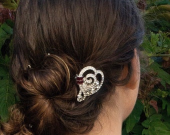 Vintage Heart Hair Clip with Red Baguettes, Wedding headpiece, Wedding clip, Bridal Hair Clip