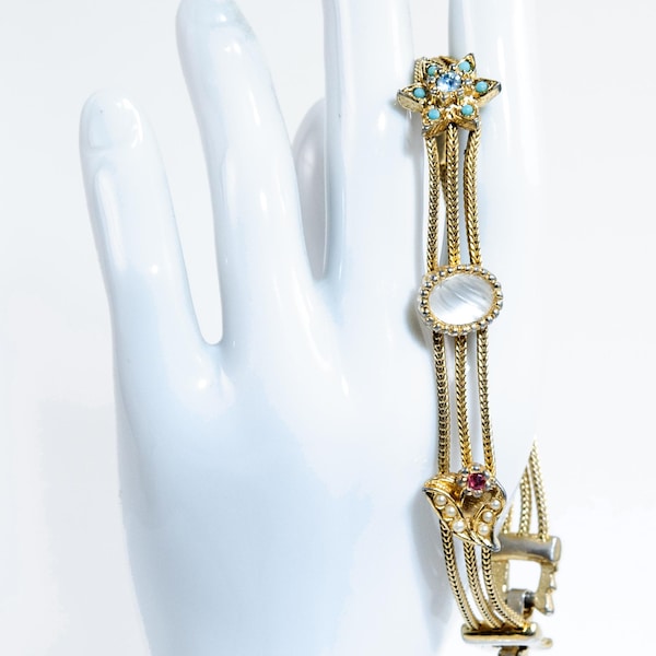 Vintage Goldette Slide Bracelet: Victorian Revival Gold Tone Charms