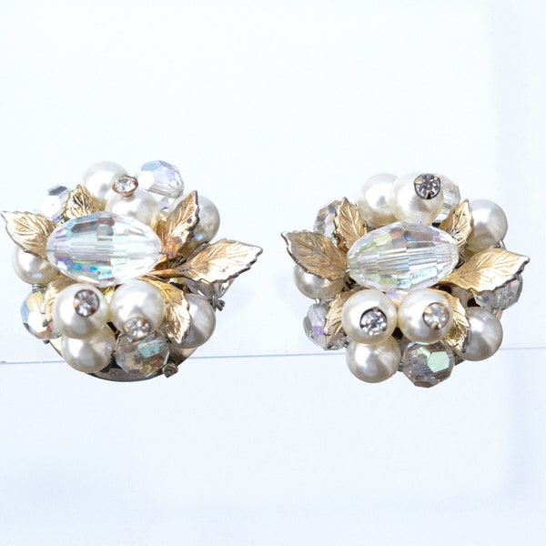 Vendome Signed Pearl and Crystal Clip-on Earrings, Can be converted to hair pins.