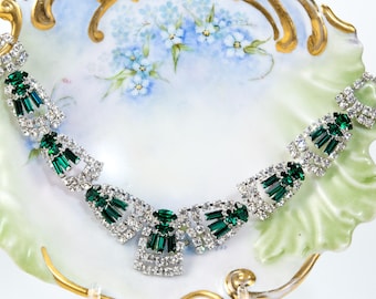 Restored Vintage crystal necklace with Emerald crystal baguette and marquise accents