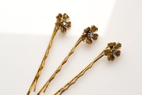 Vintage Gold Crystal  Daisy Hair Pin Trio, Vintag… - image 3