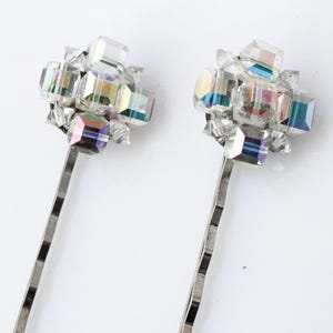 Chic Vintage Aurora Borealis Cube Hair Pins - Upcycled AB Crystal Earrings