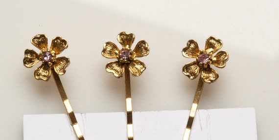 Vintage Gold Rose Daisy Hair Pin Trio, Vintage Pi… - image 2