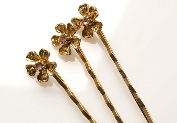 Vintage Gold Rose Daisy Hair Pin Trio, Vintage Pi… - image 4