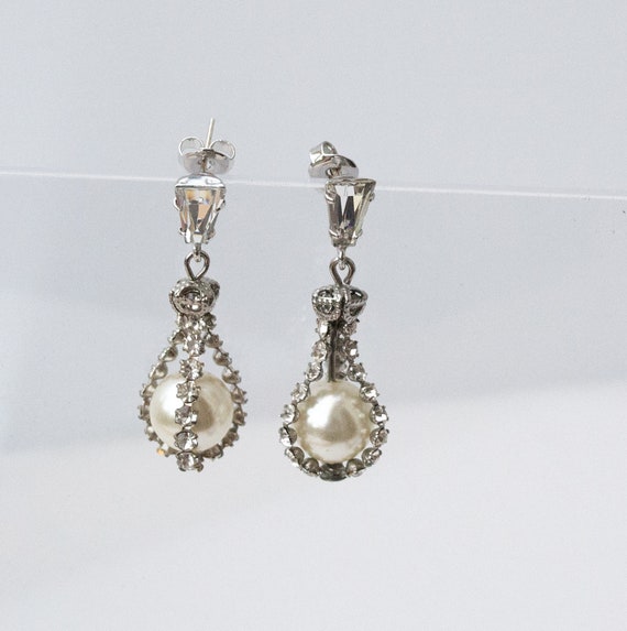 Vintage Rhinestone Pearl Earrings, Faux Pearl Pier