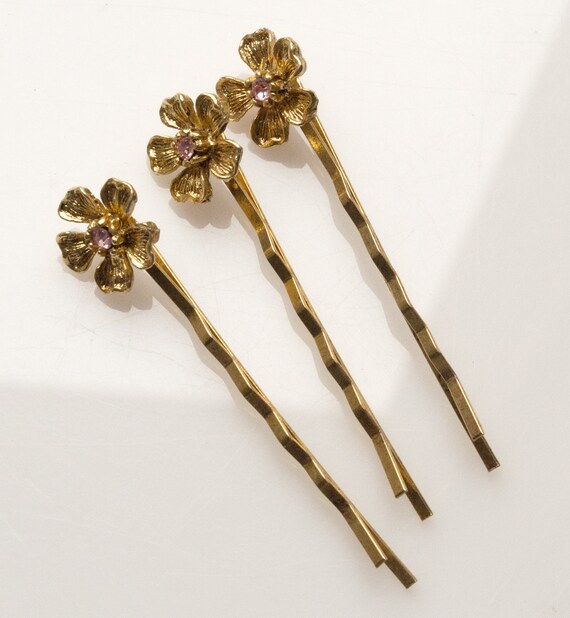 Vintage Gold Rose Daisy Hair Pin Trio, Vintage Pi… - image 3