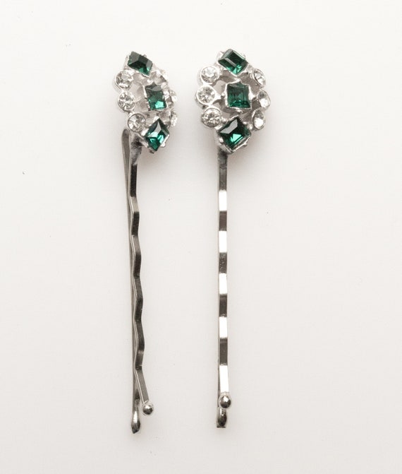 Vintage Square Emerald Hair Pins, Emerald Rhinesto