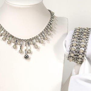 Sparkling Rhinestone and Pearl Jewelry, Vintage Necklace and Bracelet Set