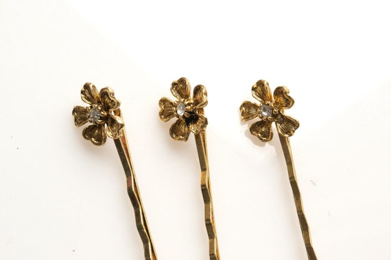 Vintage Gold Crystal  Daisy Hair Pin Trio, Vintag… - image 1