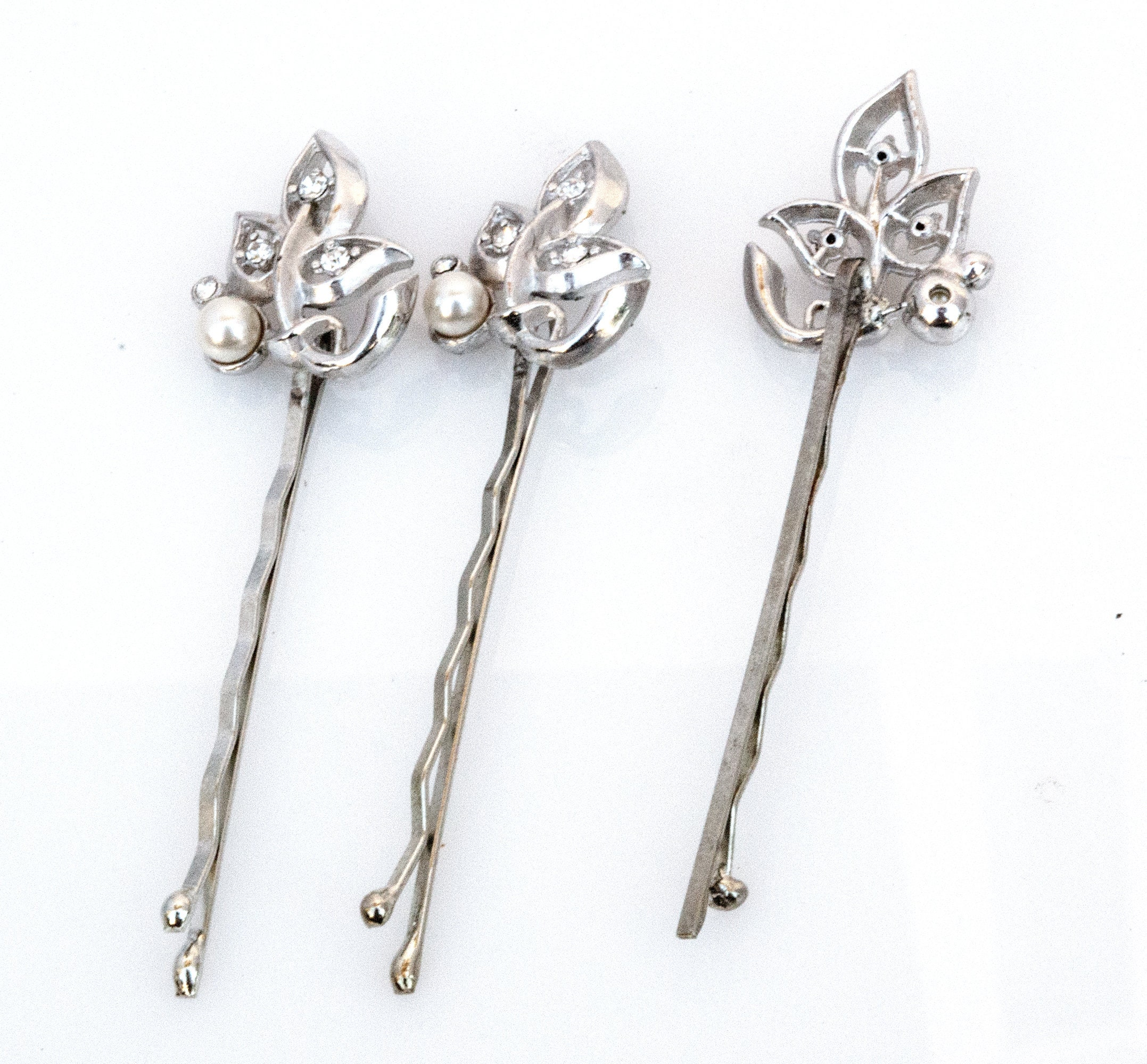Vintage Leaf Rhinestone Hair Pin Trio - Classic Deco Pearl  display picture 2