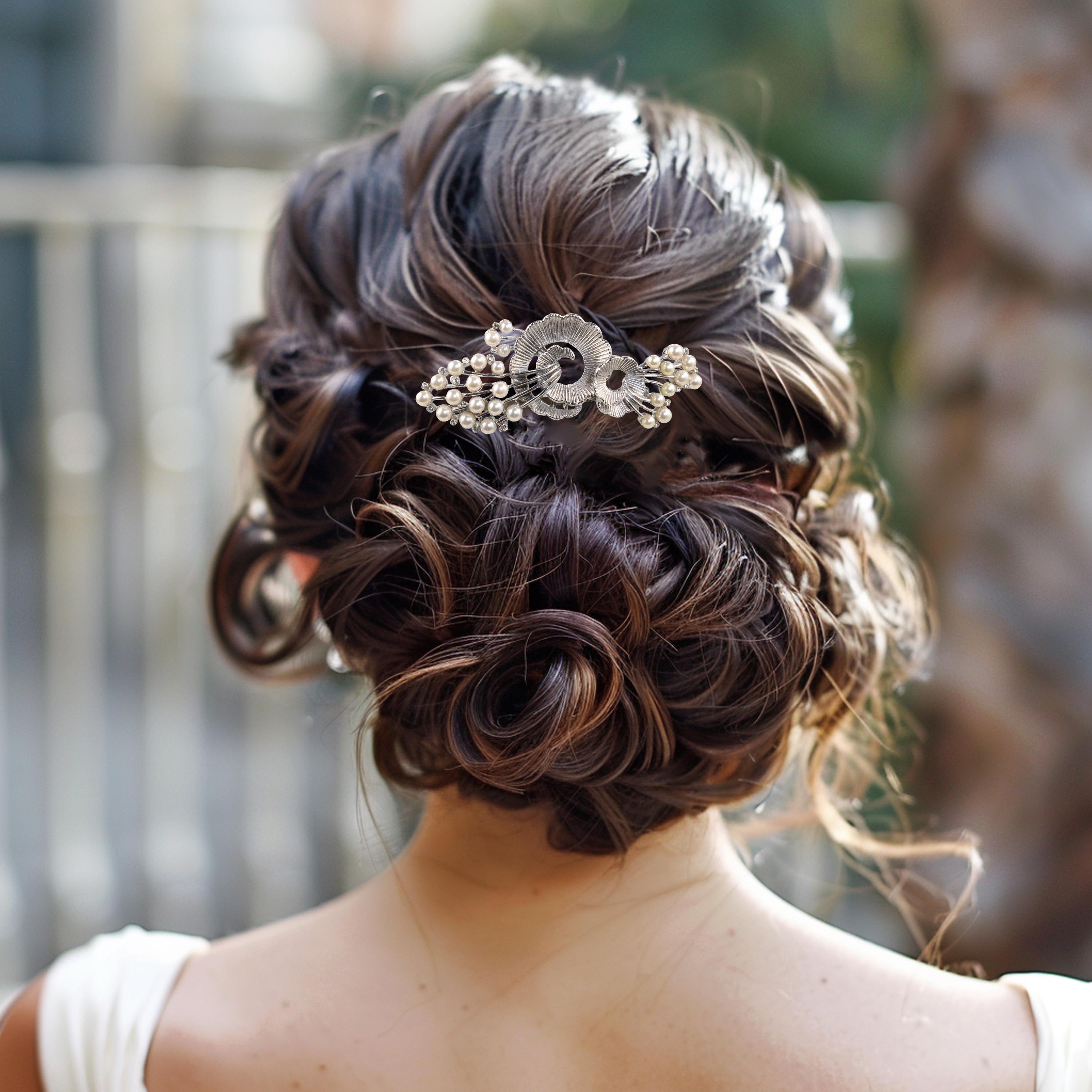 Elegant Vintage Pearl & Crystal Hair Comb - Large Silver 