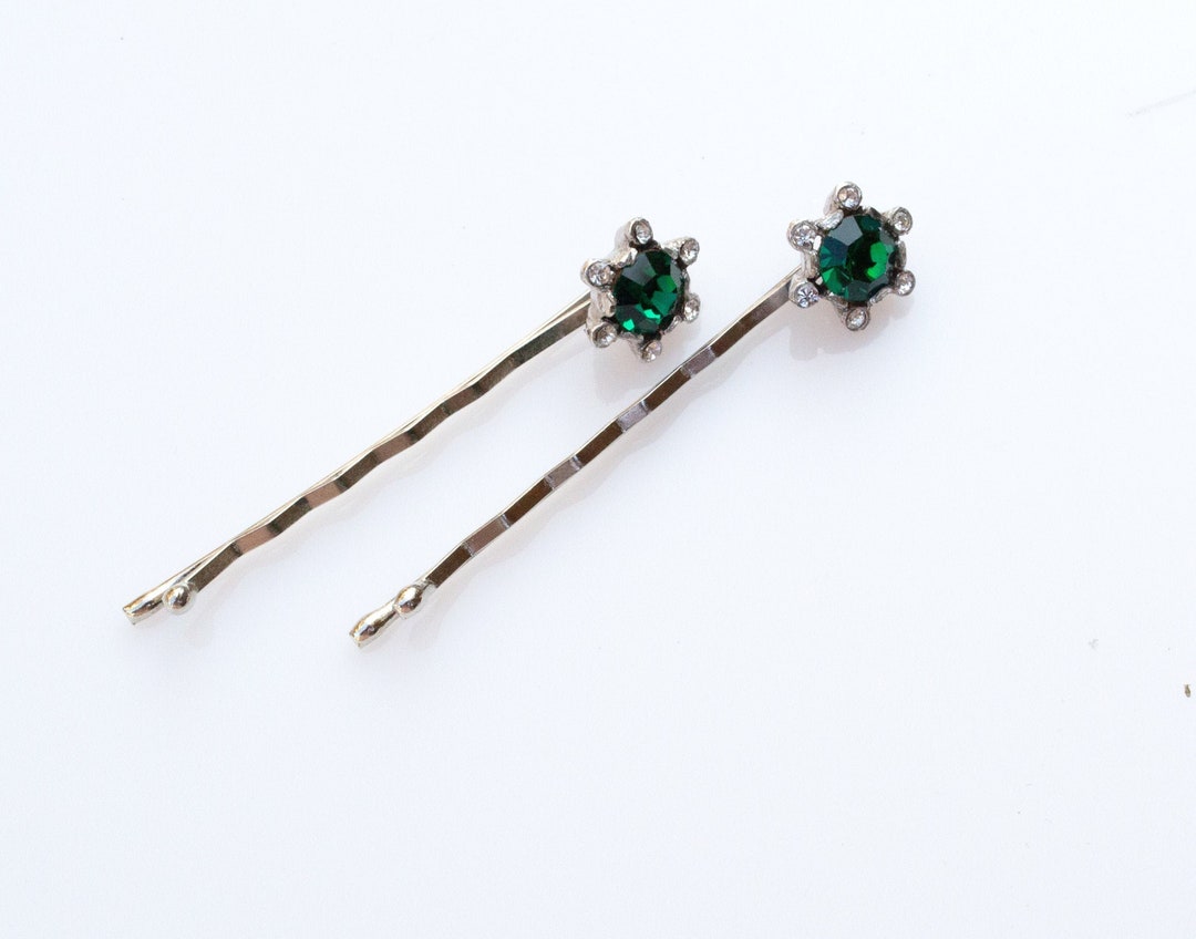 Vintage Emerald Bobby Pins / Emerald Hair Pins / Emerald Stone