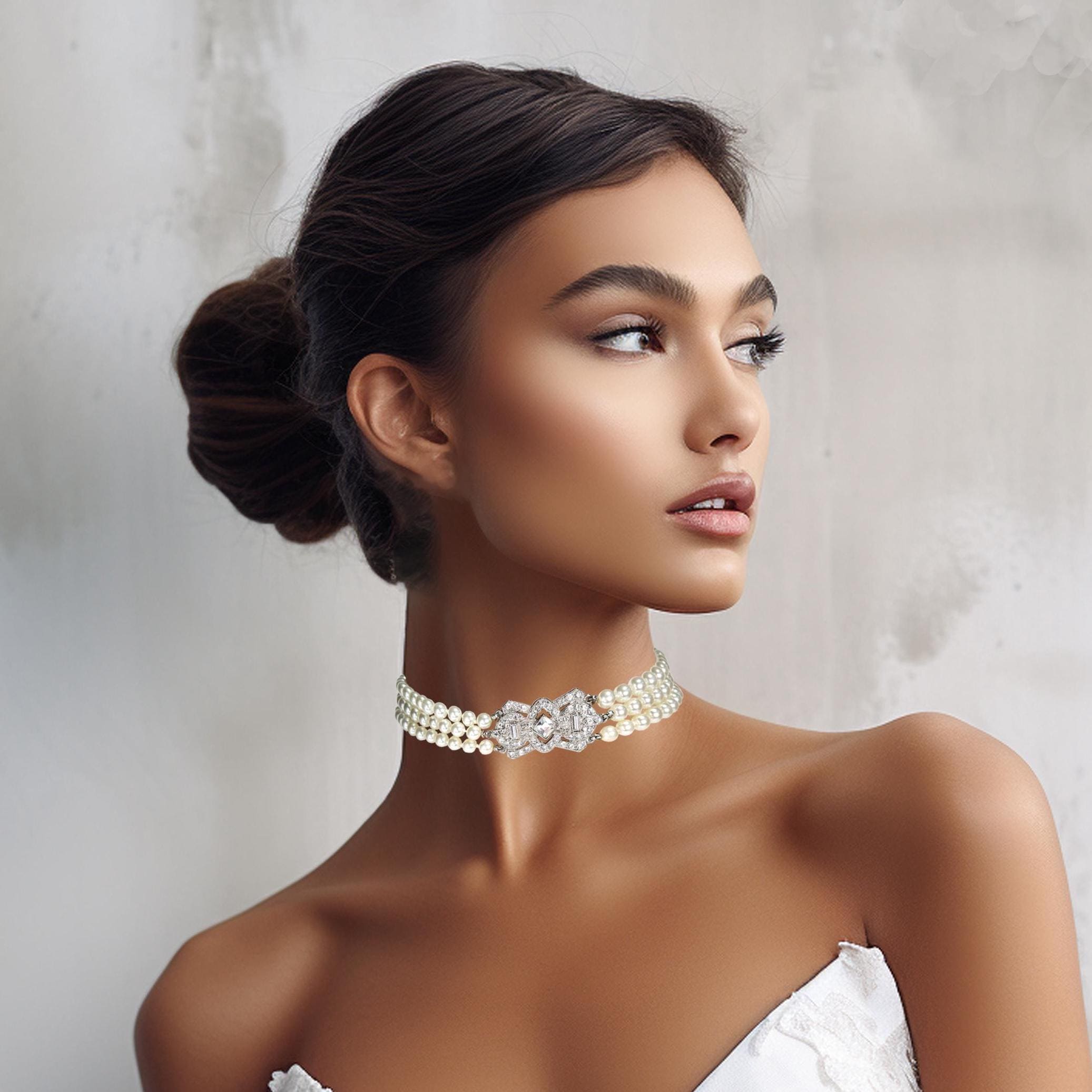 Vintage Pearl Choker Necklace With Rhinestone Centerpiece - Etsy