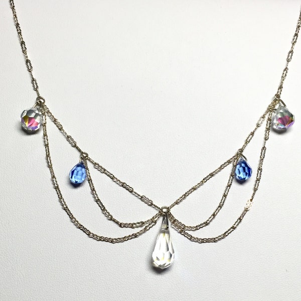 Vintage Crystal Wedding Necklace, Festoon Necklace, Sterling Silver Bridal Jewelry, Something Blue Necklace