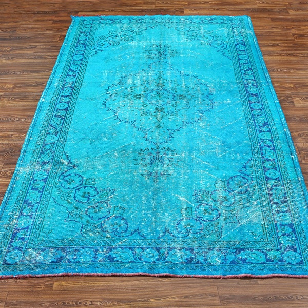 117x70 Inches Wool Carpet Rug Turquoise Color Rugs VINTAGE Turkish Rug Woven Carpets Overdyed Rugs&Mats / 726