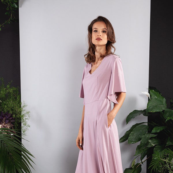 Abendkleid, Maxikleid Rosa Viskose weite Ärmel