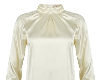 Satin blouse cream and white stand-up collar