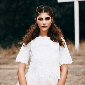 Spitzentop bride, lace blouse white opaque viscose short sleeve