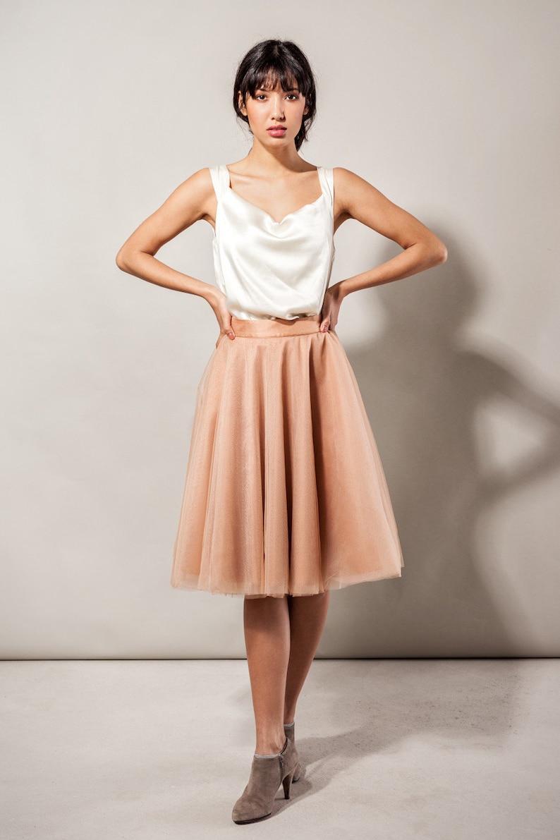 Tulle Skirt Knee Length Beige Wedding Bridesmaid Skirt Lining Satin Bridal Skirt image 2