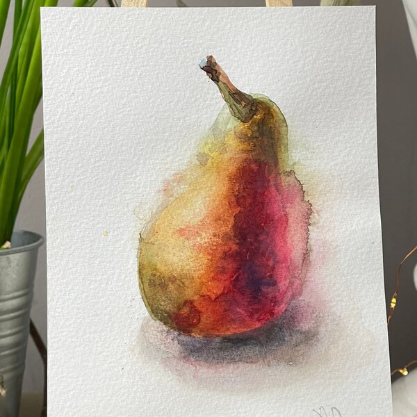 Original watercolor Pink and Green Pear fruit painting loose aquarelle sketch, handmade kitchen art, dining room art