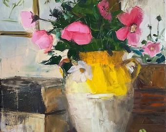 May include: An oil painting of a still life featuring a yellow and white vase filled with pink flowers and green foliage. A stack of books sits to the left of the vase. A framed picture hangs in the background.