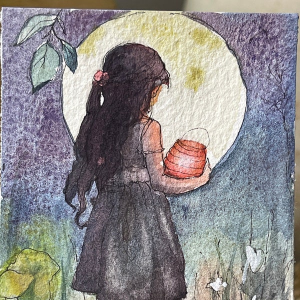 Original ACEO Fantasy wunderliche Kunst Aquarell Illustration Mädchen mit einer roten Laterne durch den riesigen Mond Handgemachte OOAK Miniatur winzige Malerei