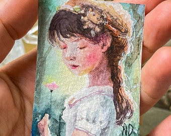 Original miniature painting dollhouse whimsical Art Aesthet watercolor Girl with a flower and a Teddy Clip Handmade OOAK tiny painting 1:12