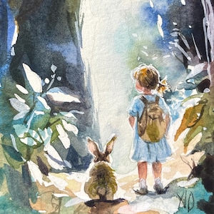 Originale Whimsical Fantasy ACEO Ragazza con Coniglio in Miniatura Acquerello Dipinto Foresta Incantata Arte OOAK Dipinto a Mano Regalo per Collezionisti